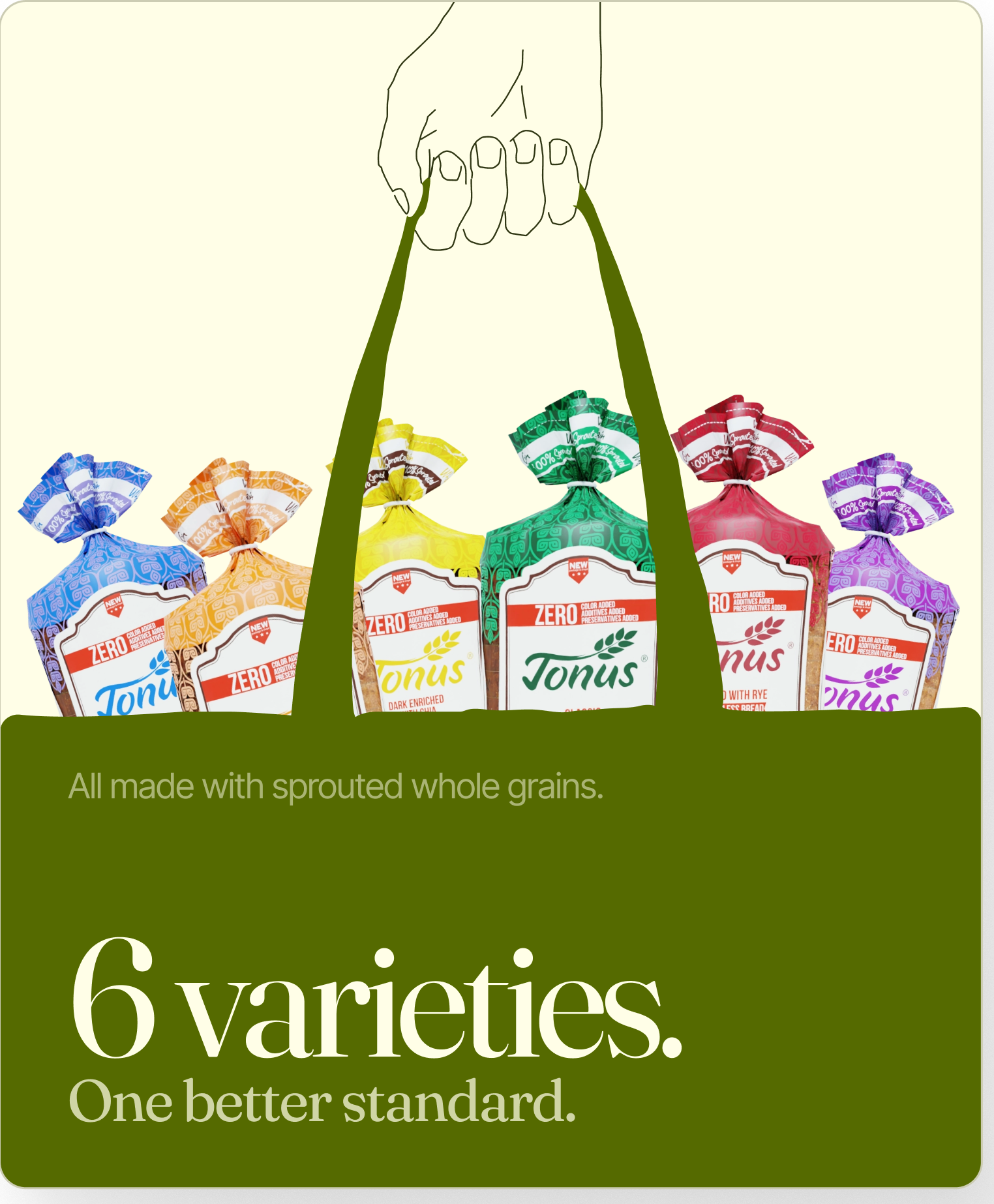 Six Tonus bread varieties carried together in a shopping bag
